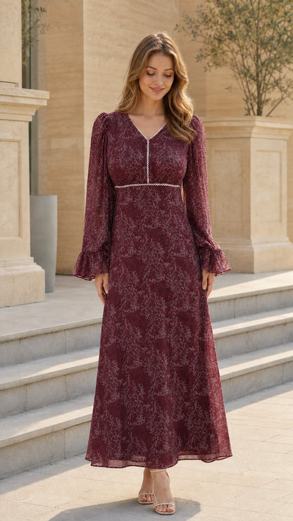 Model wearing burgundy wine floral long sleeve maxi dress