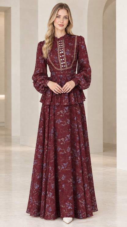 Burgundy wine red floral long sleeve peplum maxi gown
