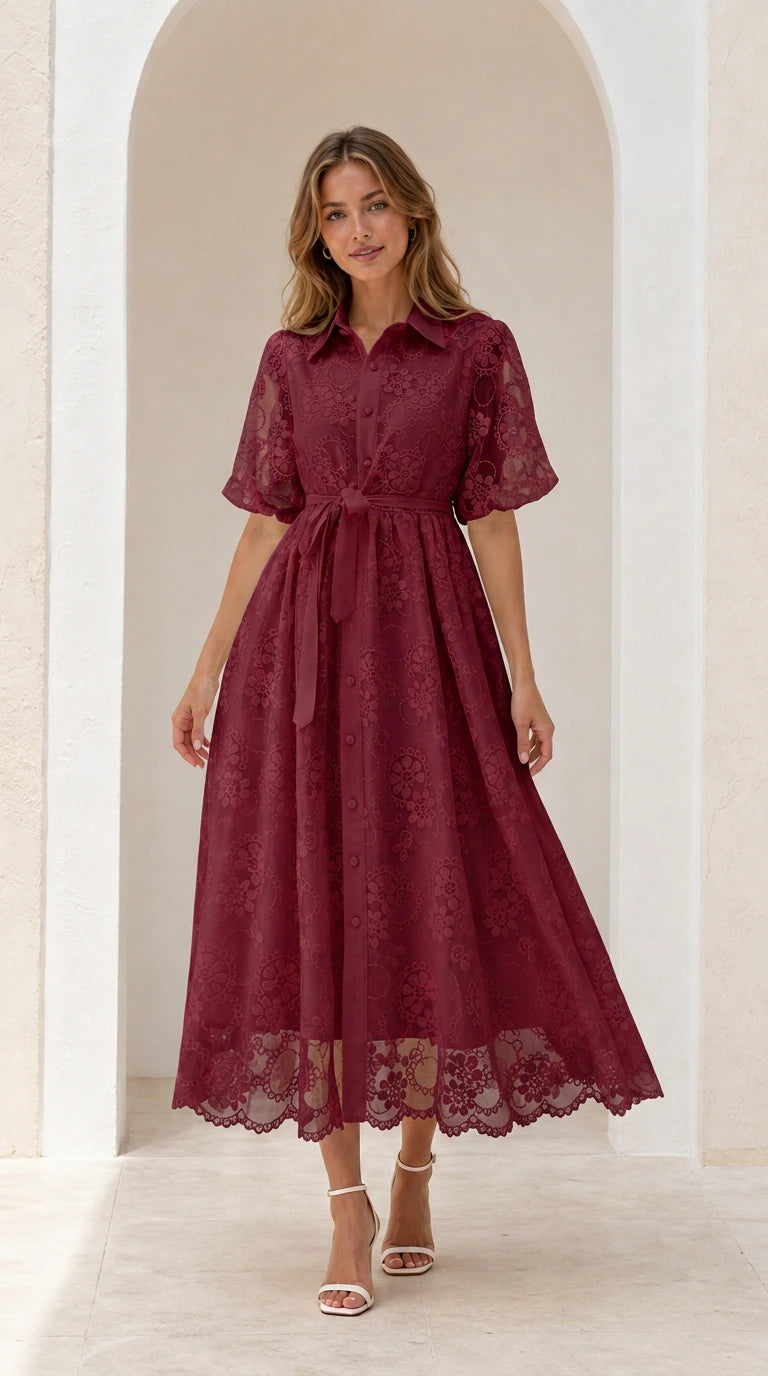 Front view of burgundy red lace collared midi dress