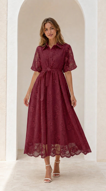Front view of burgundy red lace collared midi dress