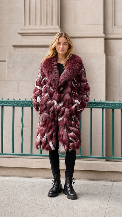 Model wearing deep burgundy faux fur coat