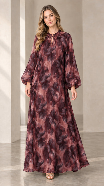 Front view of woman wearing wine red watercolor floral maxi dress