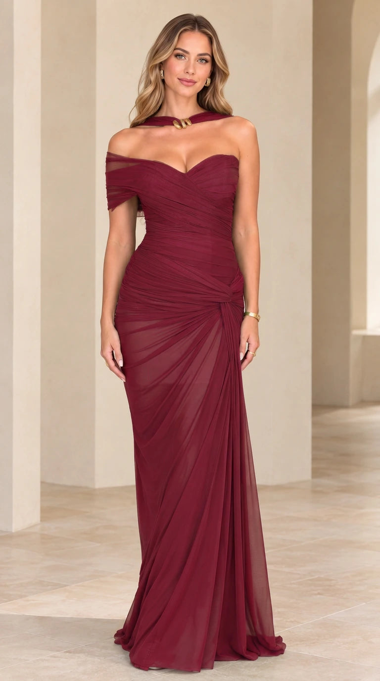 Burgundy wine red sweetheart ruched asymmetric evening maxi gown