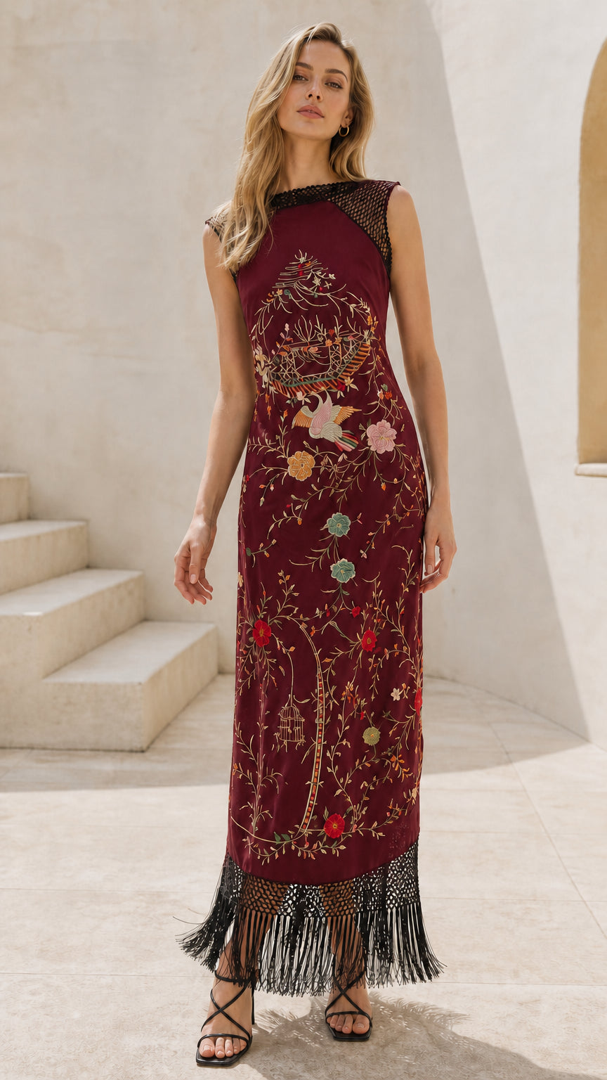 Front view of burgundy embroidered fringe maxi dress