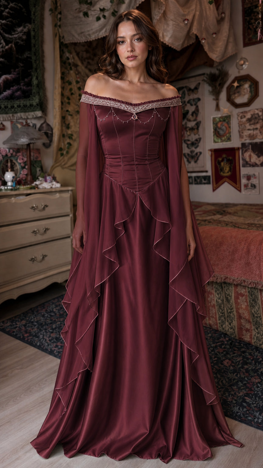 Front view of burgundy Renaissance off-shoulder maxi dress