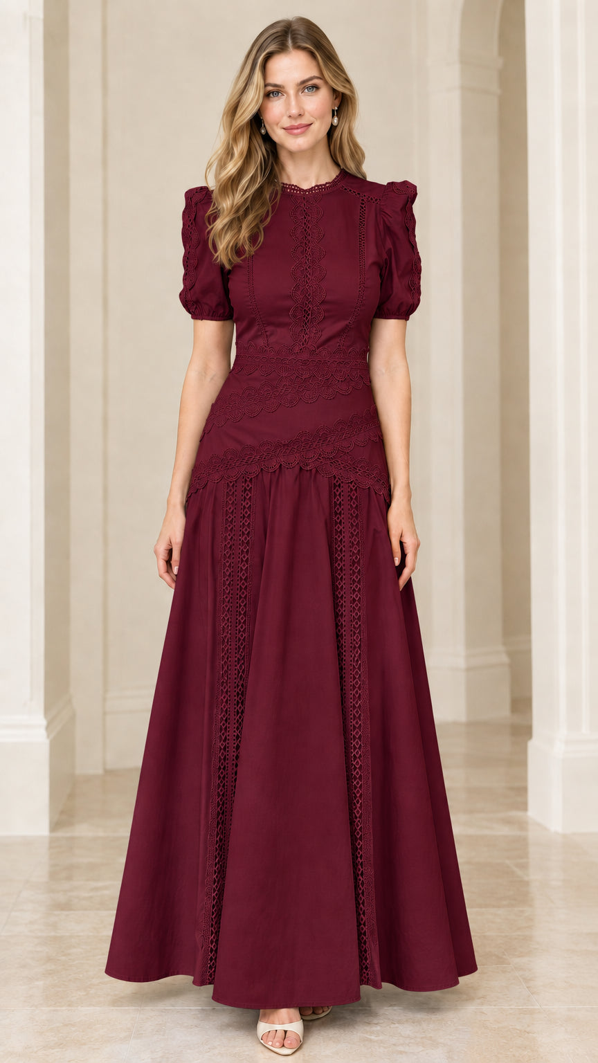 Model wearing Burgundy red lace-trim formal A-line maxi dress