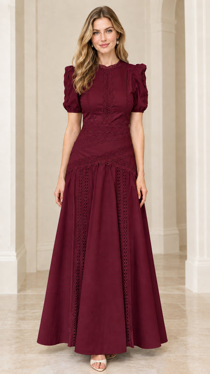 Model wearing Burgundy red lace-trim formal A-line maxi dress