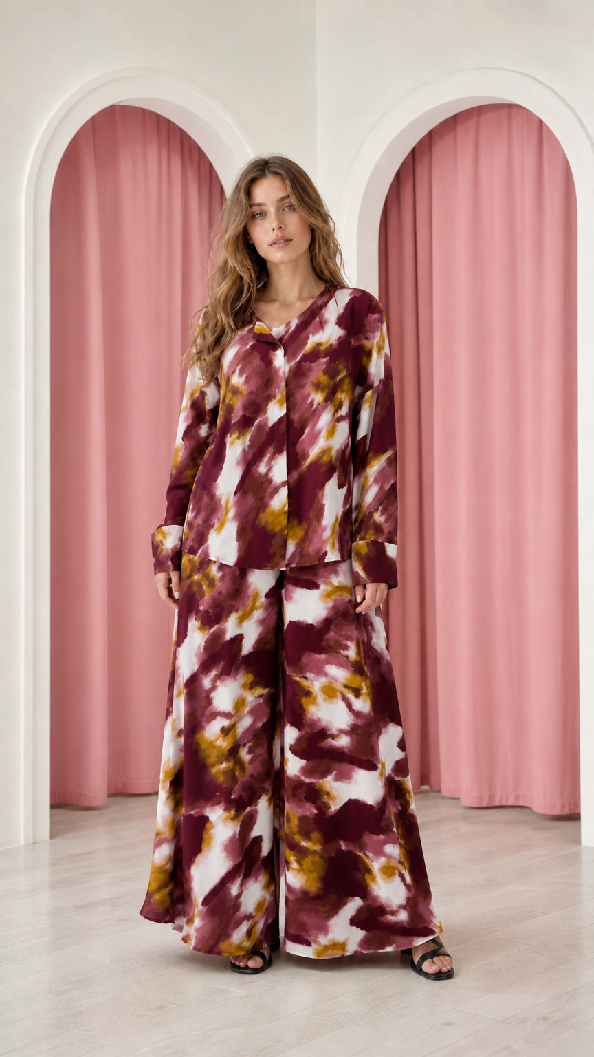 Model wearing burgundy tie-dye satin top and wide-leg trousers set