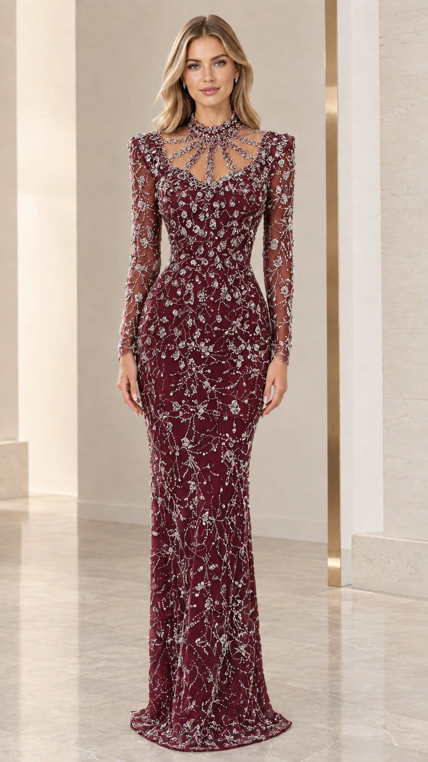 Front view of burgundy red long sleeve beaded formal gown