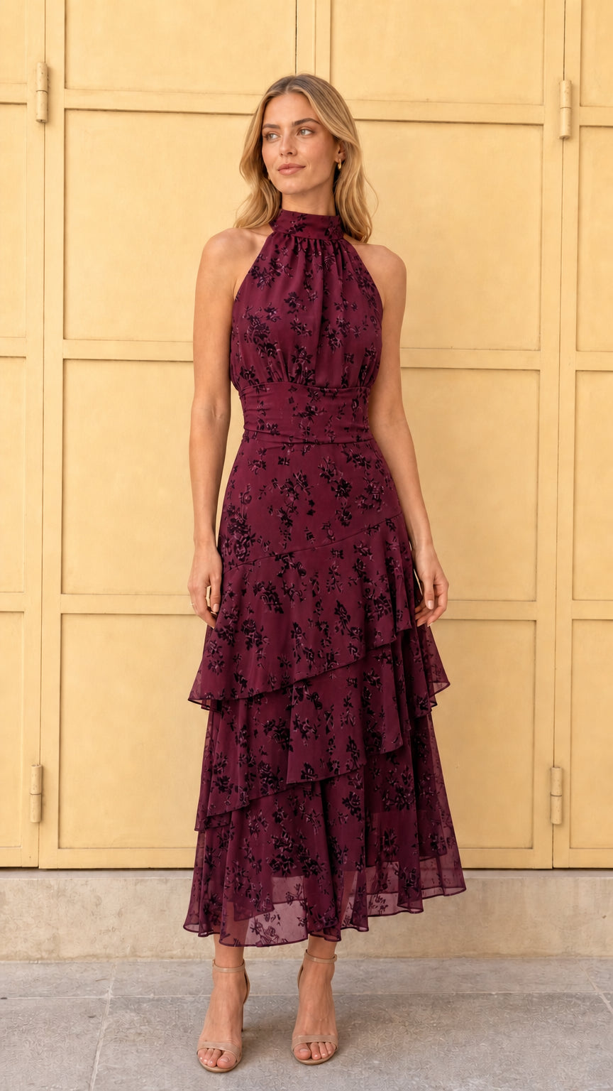 Front view of Burgundy tiered halter midi dress