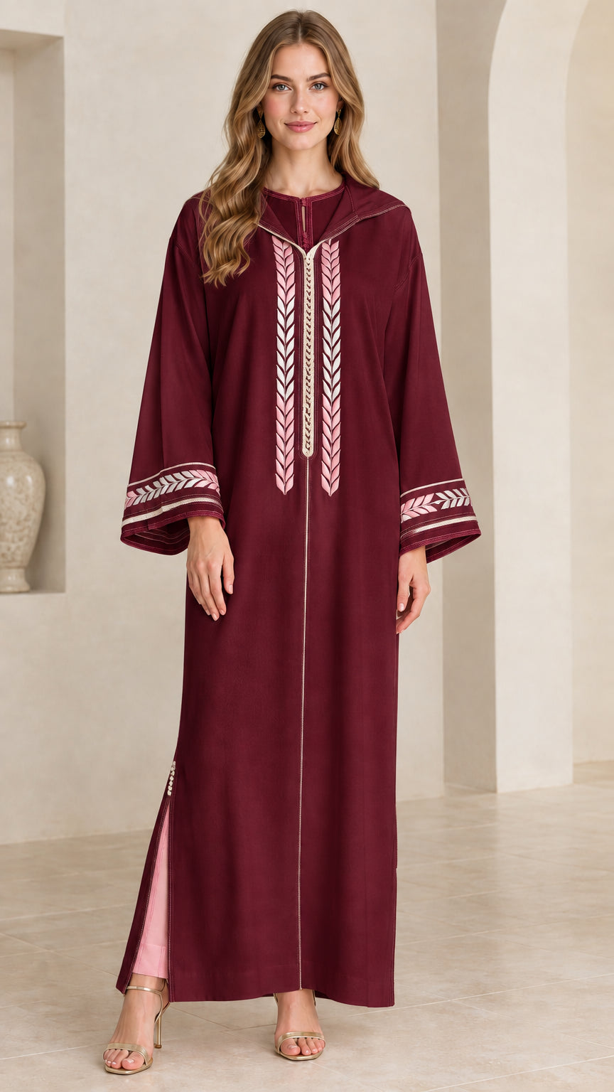 Full front view of women's burgundy wine embroidered hooded kaftan maxi dress