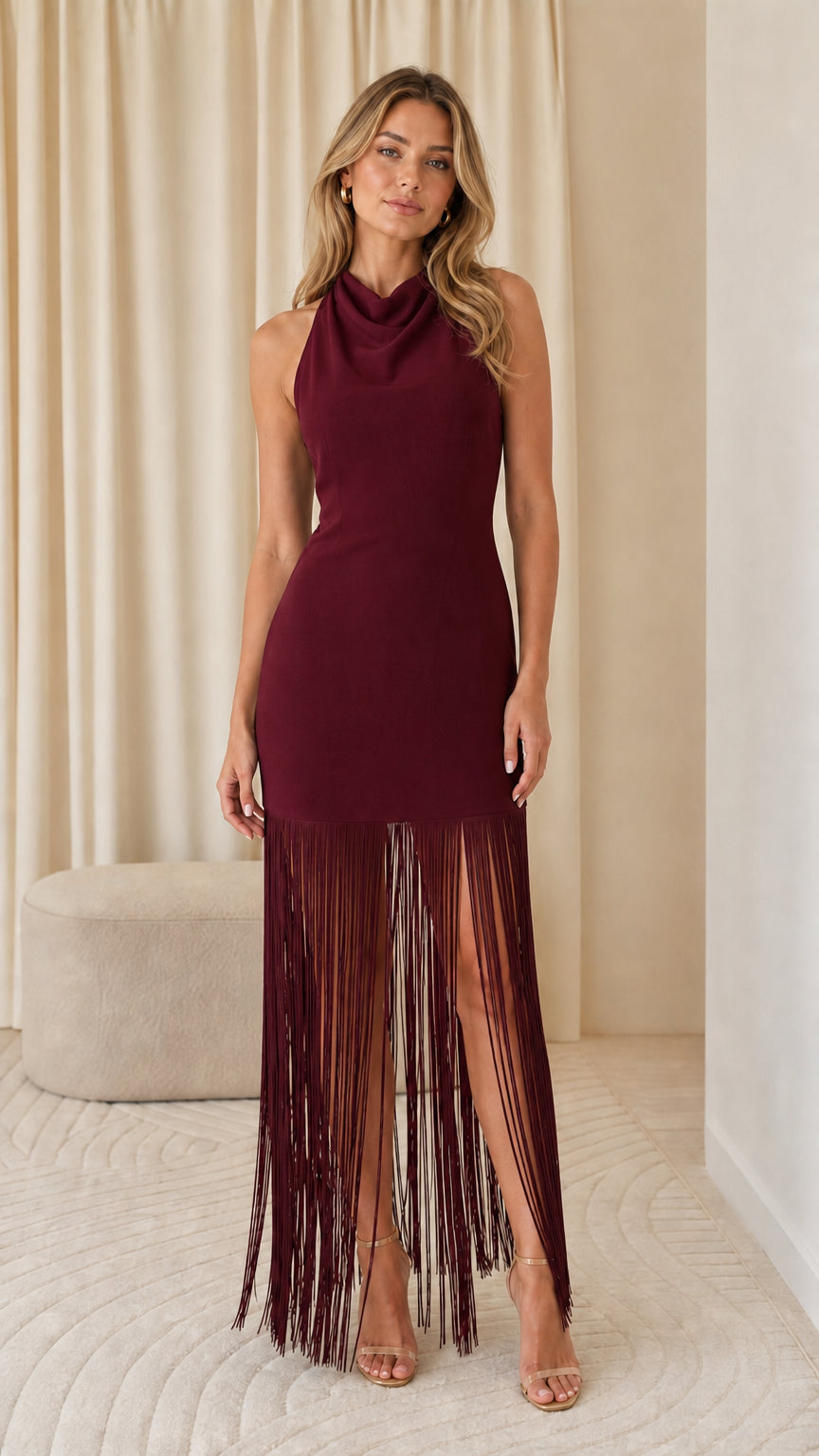 Front view of burgundy cowl neck fringe maxi dress