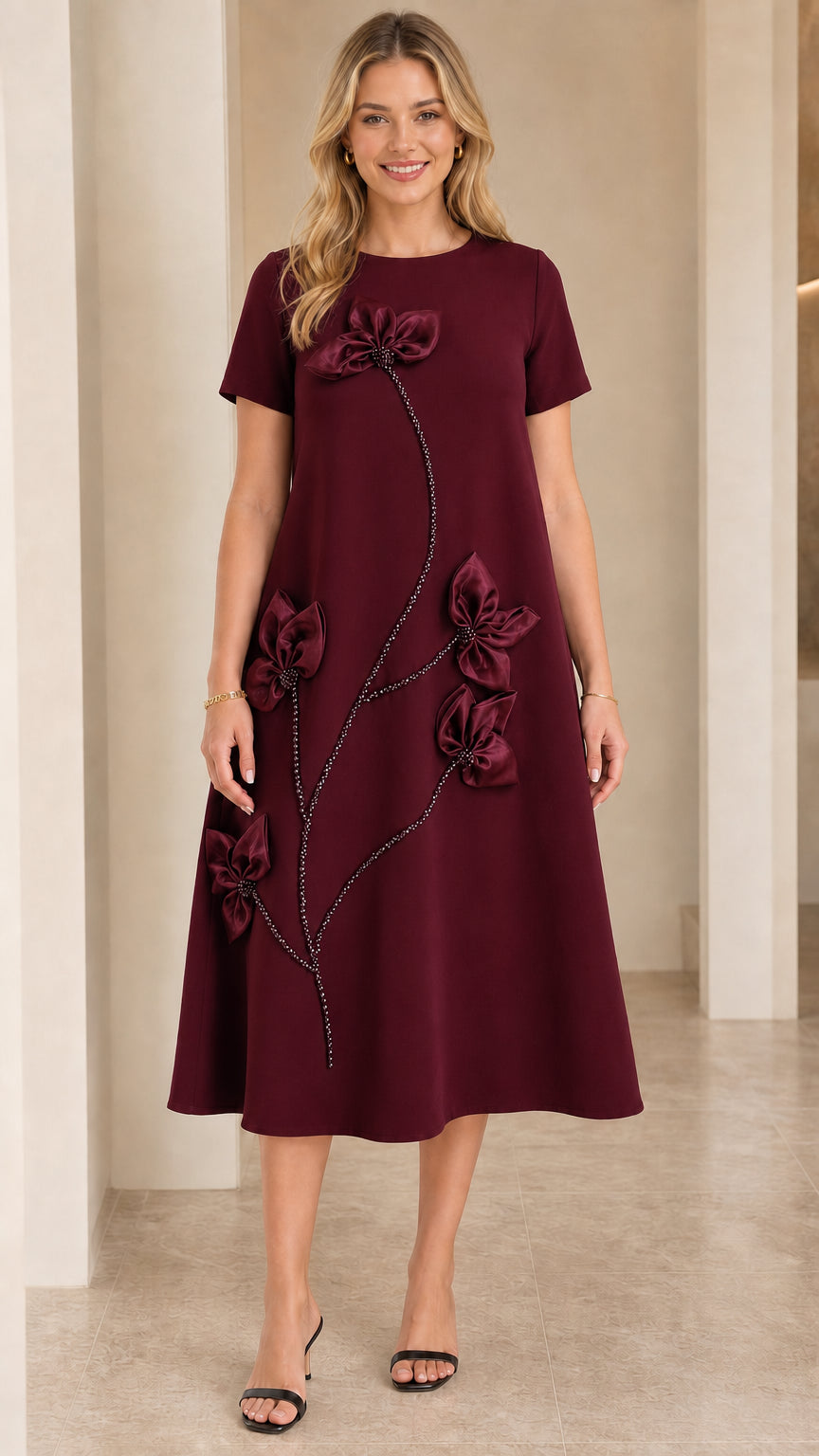 Front view of Burgundy short-sleeve A-line midi dress with 3D floral appliqués
