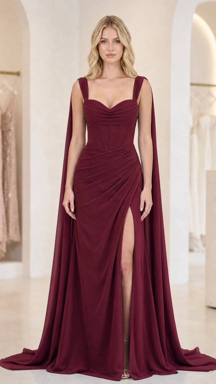Front view of burgundy evening gown with cape