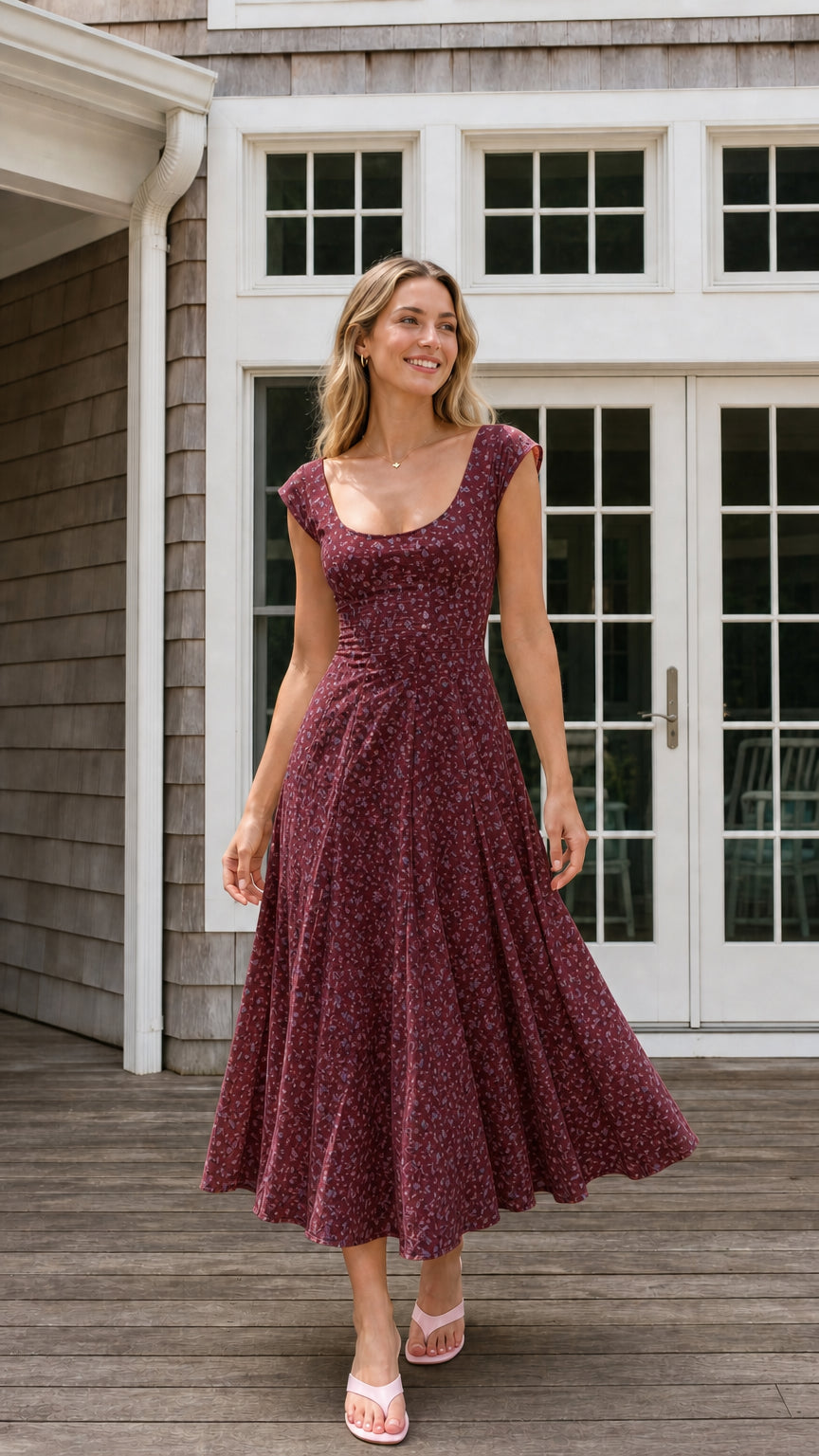 Front view of burgundy floral midi dress on model