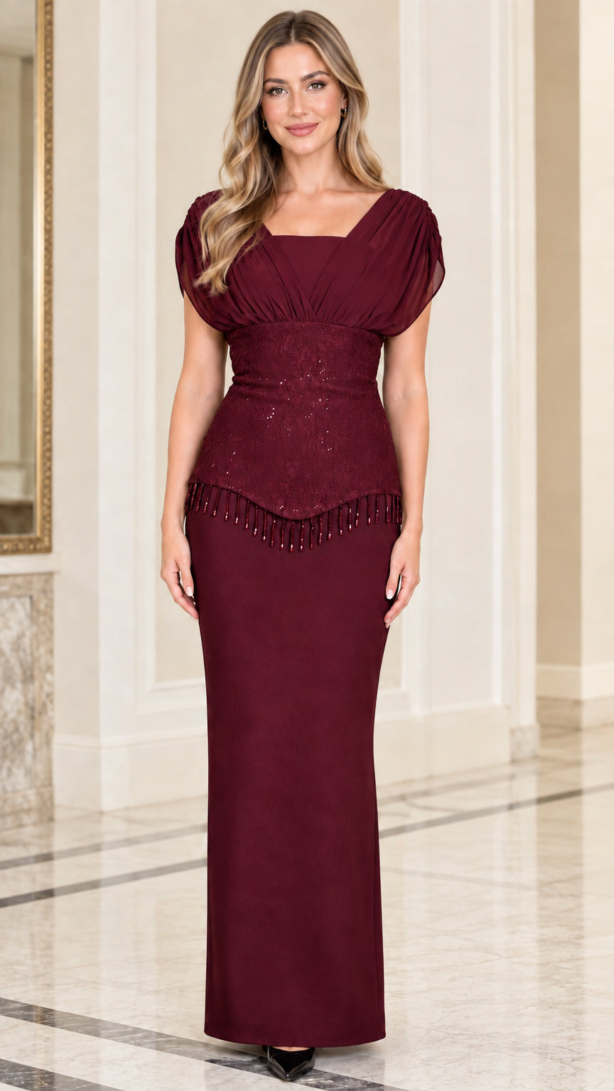 Burgundy wine red floor length evening gown with sequined waist