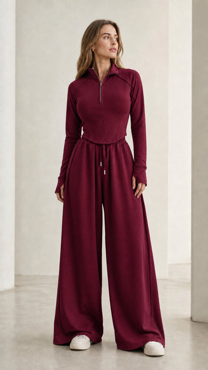 Women's burgundy red half-zip long sleeve top and wide-leg sweatpants set