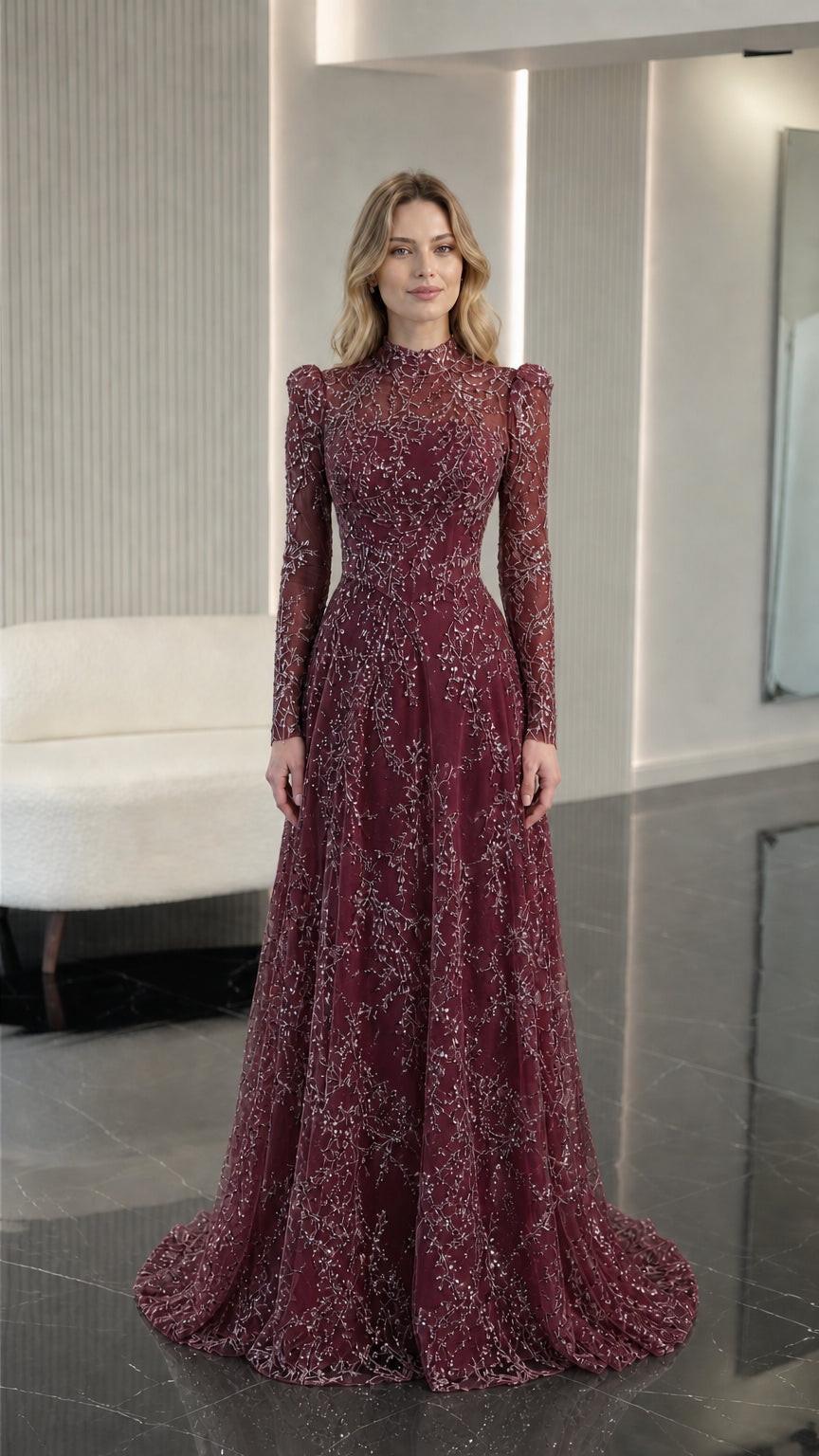 Burgundy wine red long sleeve sequin evening dress