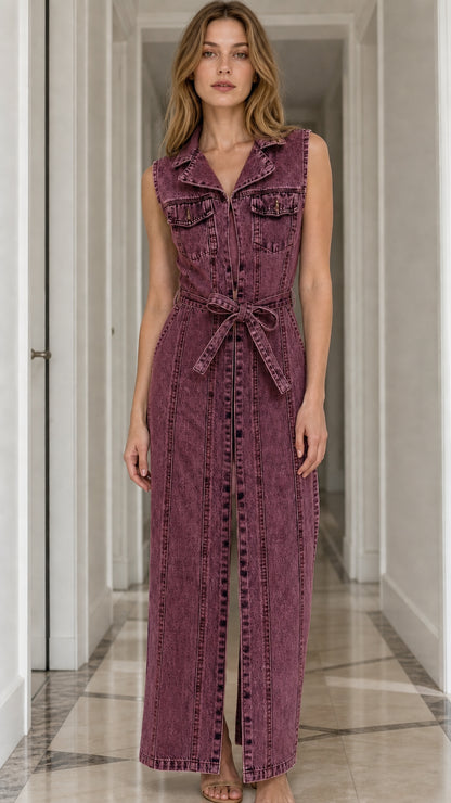 Model wearing burgundy denim maxi dress