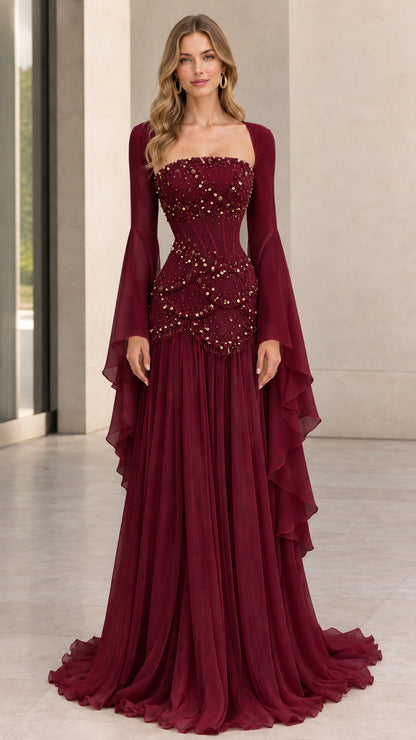 Full-length front view of burgundy wine red embellished corset evening gown