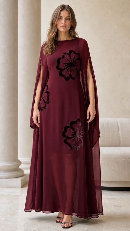 Burgundy wine red chiffon cape evening dress with velvet floral accents