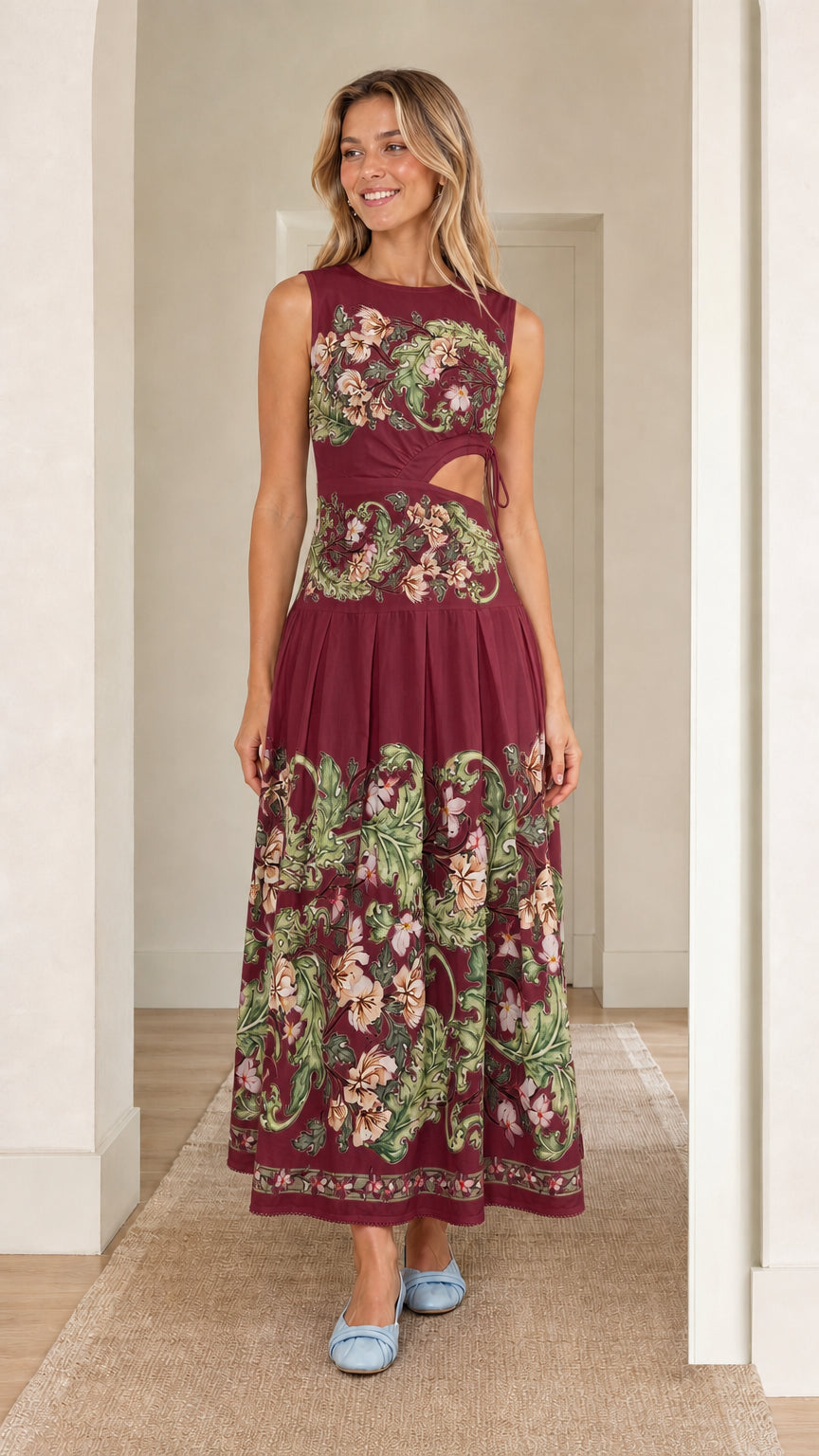 Woman wearing burgundy floral print cutout maxi dress