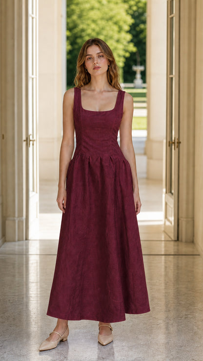 Model wearing burgundy variant of the midi dress