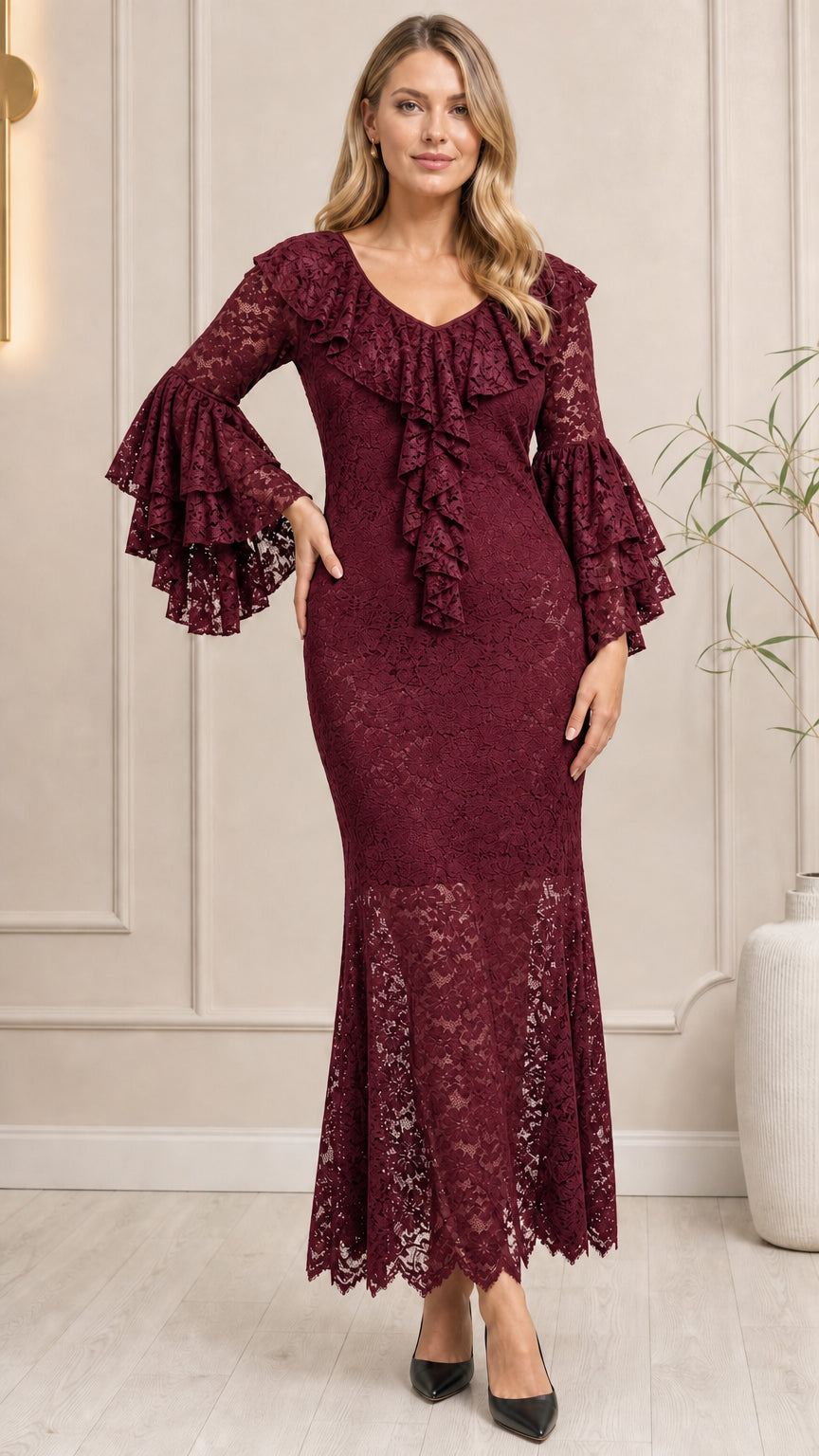 Burgundy wine red tiered bell sleeve floral lace maxi gown front view