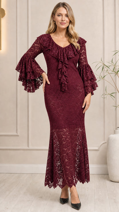 Burgundy wine red tiered bell sleeve floral lace maxi gown front view