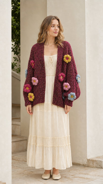Model wearing burgundy chunky knit floral cardigan