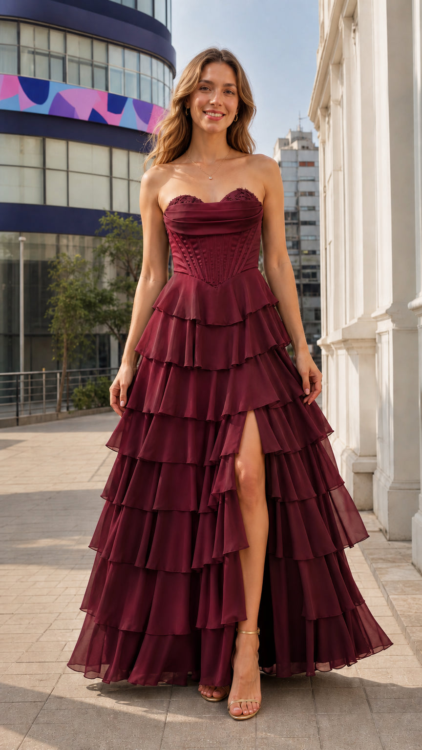 Front view of burgundy strapless corset evening gown with front slit