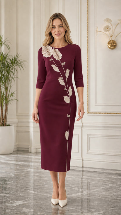 Front view of burgundy midi dress with floral applique