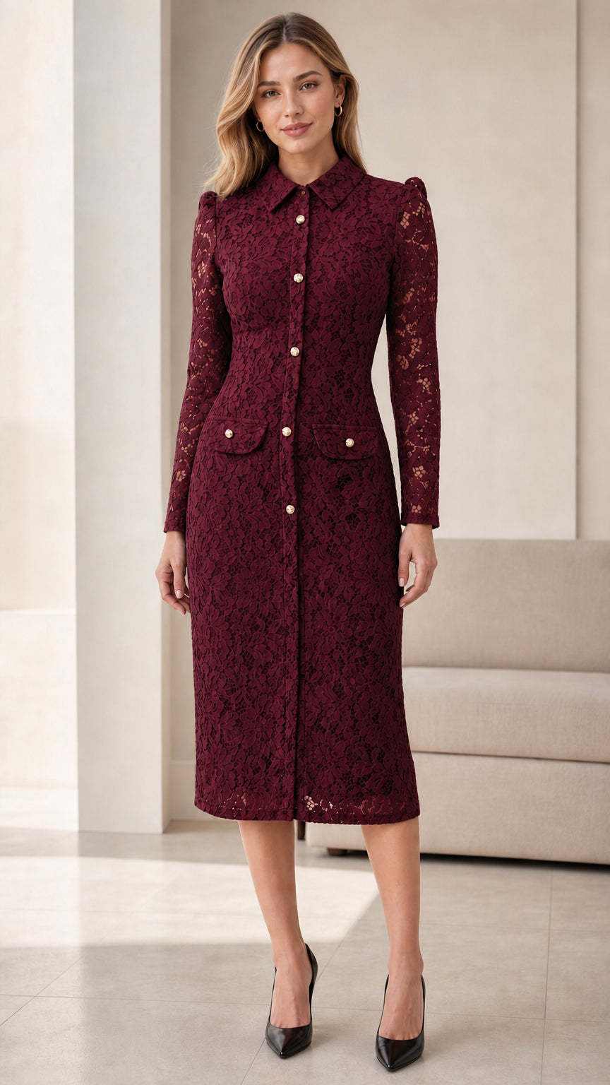 Full front view of burgundy lace midi dress