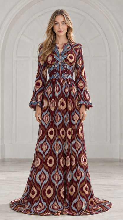 Front view of model wearing burgundy wine ikat print pleated maxi dress