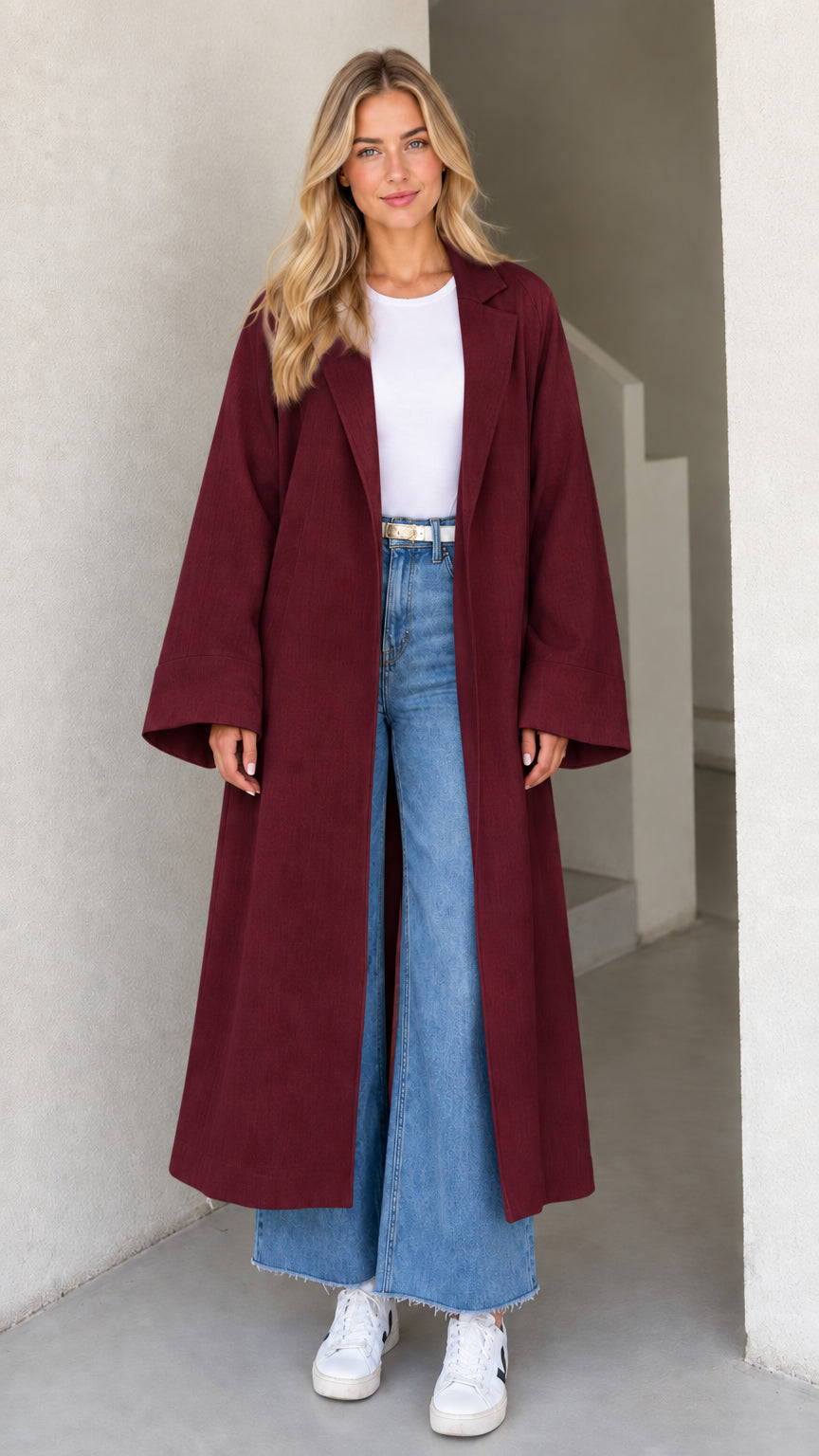 Model wearing Burgundy wine-colored open-front maxi duster coat