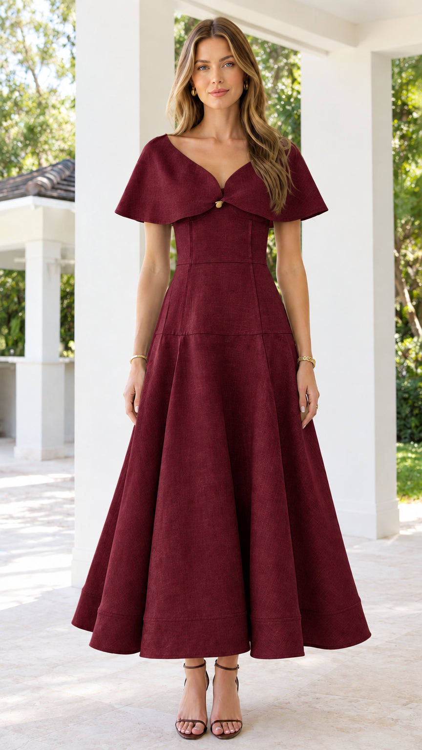 Front view of burgundy red capelet V-neck A-line flare midi dress