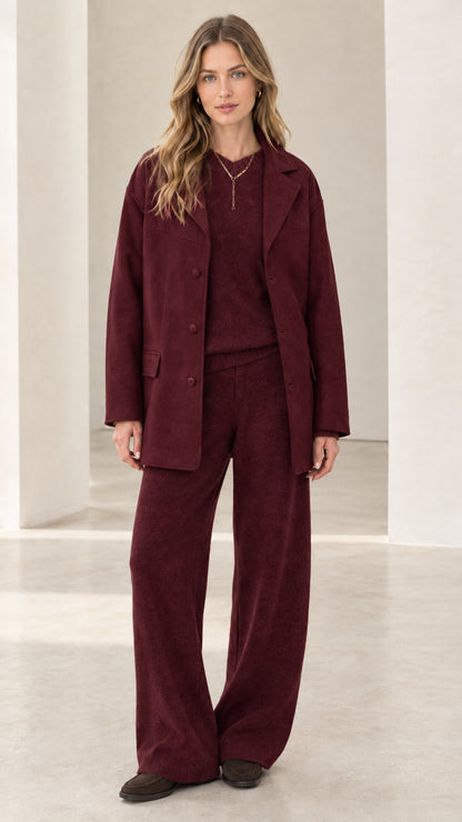Full view of women's 3-piece knit lounge and jacket set in deep burgundy