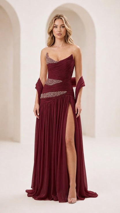 Burgundy strapless evening gown front view