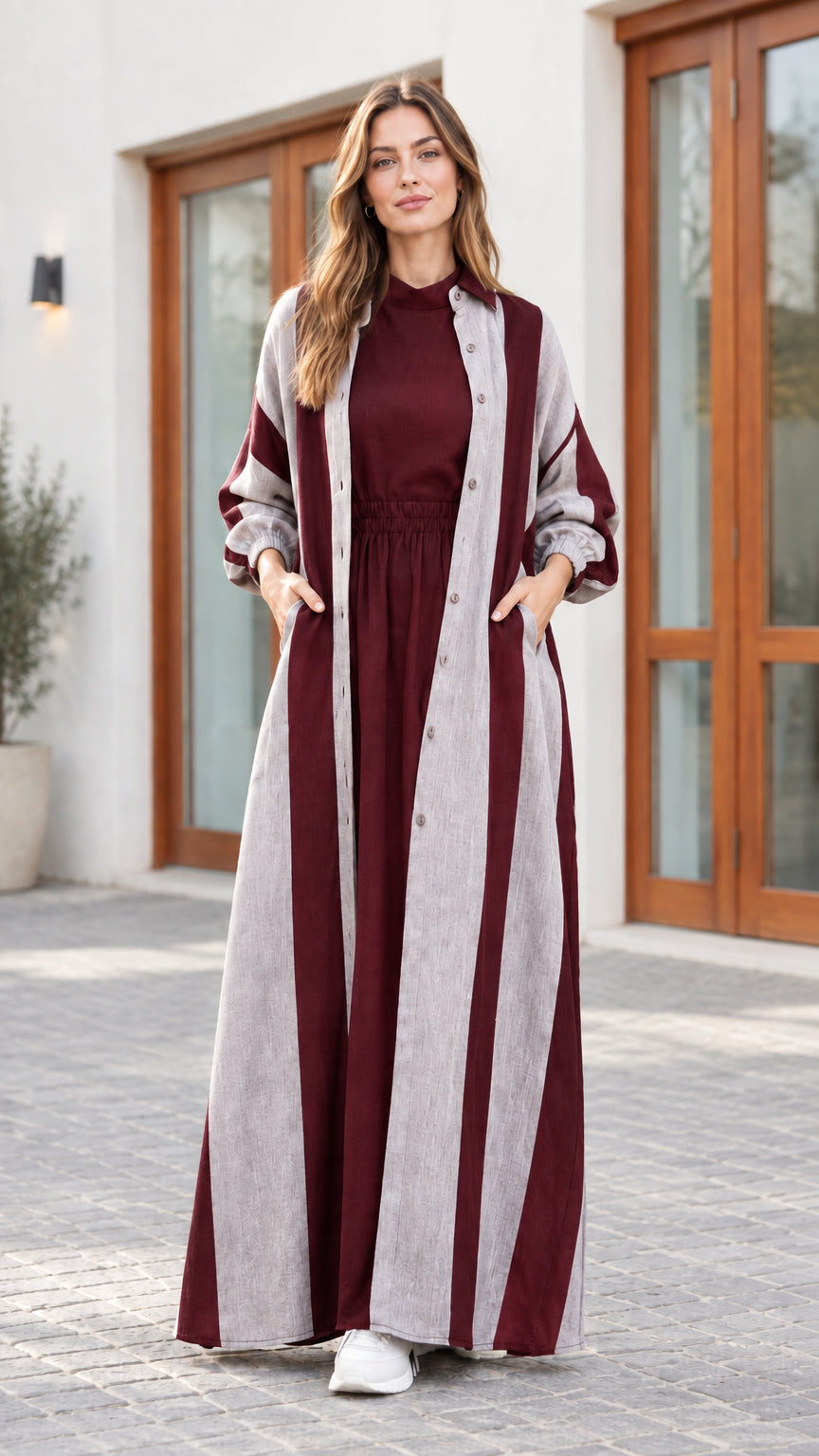 Burgundy wine red and grey striped 2-piece duster coat and maxi dress set