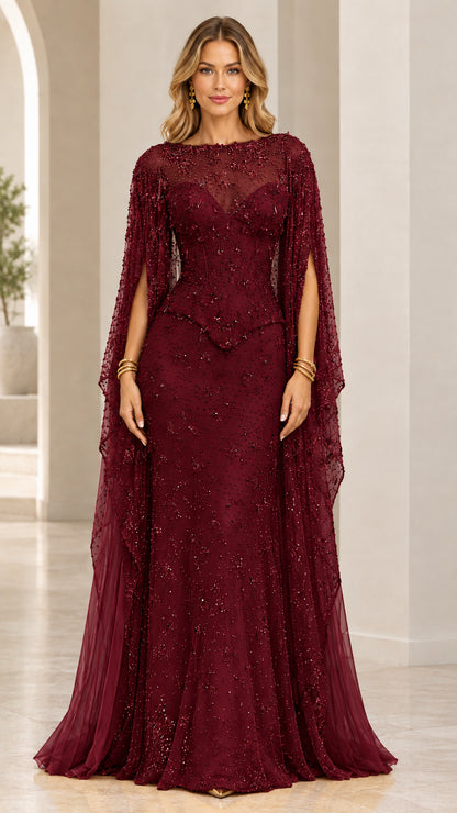 Burgundy wine red embellished illusion evening gown with dramatic cape