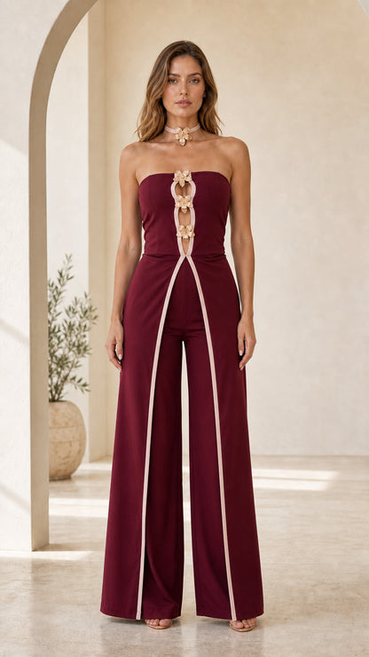 Elegance Statement Strapless Wide-Leg Jumpsuit in Burgundy