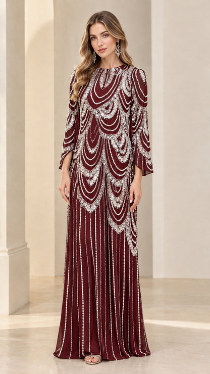 Front full-length view of burgundy red sequin and bead embellished evening gown