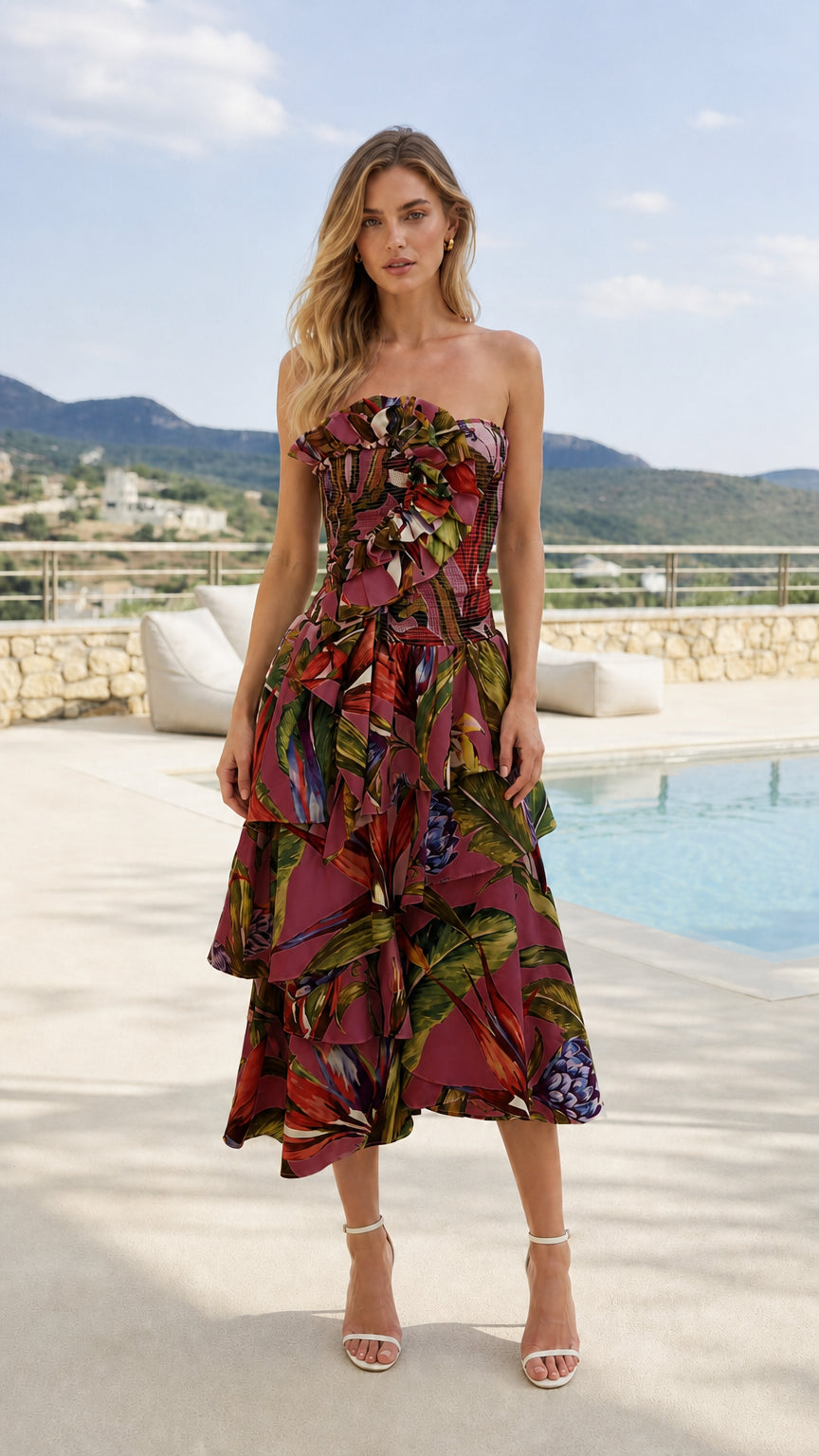 Front view of model wearing burgundy tropical print strapless midi dress