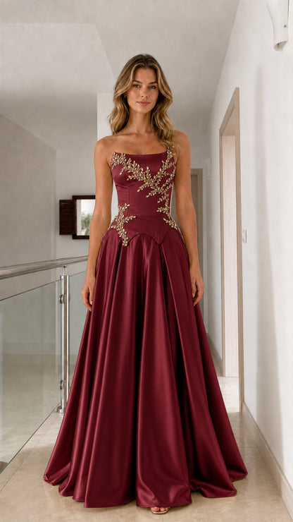 Burgundy wine red strapless satin ball gown with beaded basque waist
