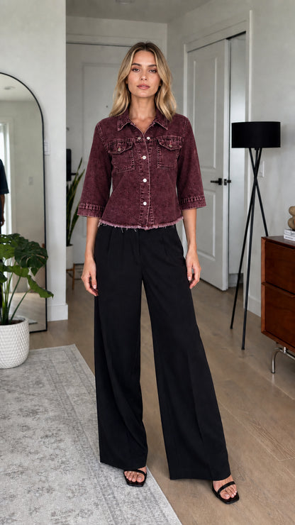 Model wearing burgundy wash denim shirt jacket