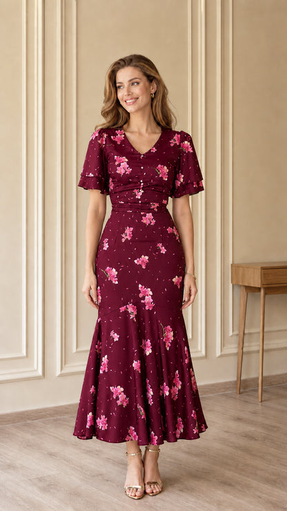 Burgundy floral V-neck flutter sleeve mermaid midi dress on model