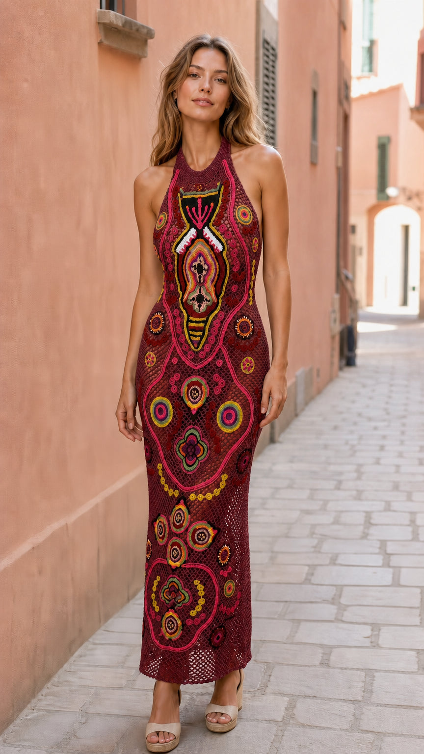 Model wearing burgundy bohemian crochet maxi dress