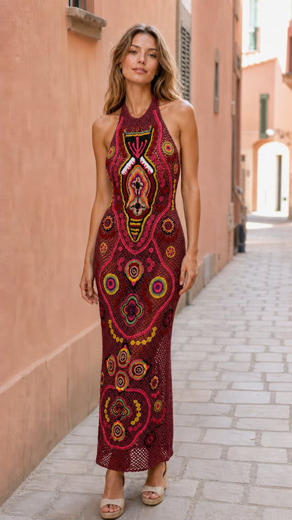 Model wearing burgundy bohemian crochet maxi dress