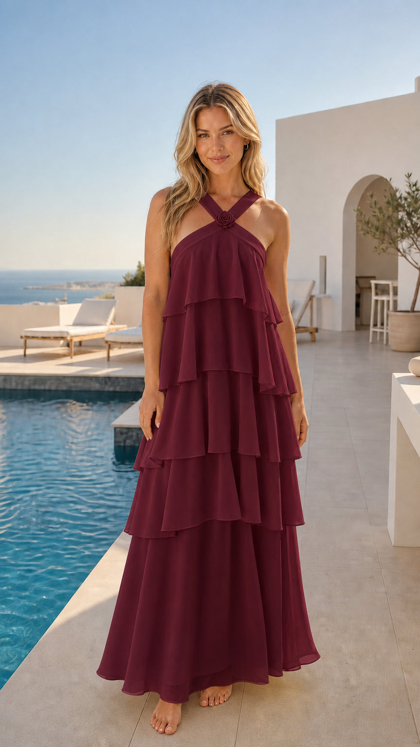 Front view of burgundy wine tiered ruffle halter maxi dress