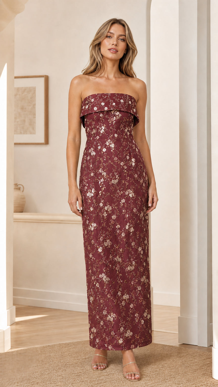Model wearing burgundy red strapless floral embroidered maxi dress